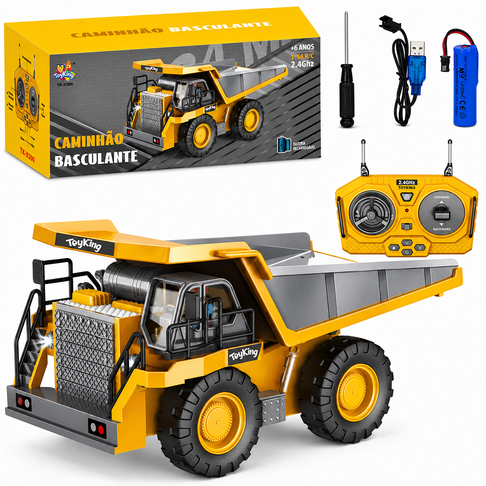 CAMINHAO CACAMBA / BASCULANTE DE METAL / PLASTICO COM CONTROLE REMOTO SEM FIO SOM E LUZ A BATERIA RECARREGAVEL