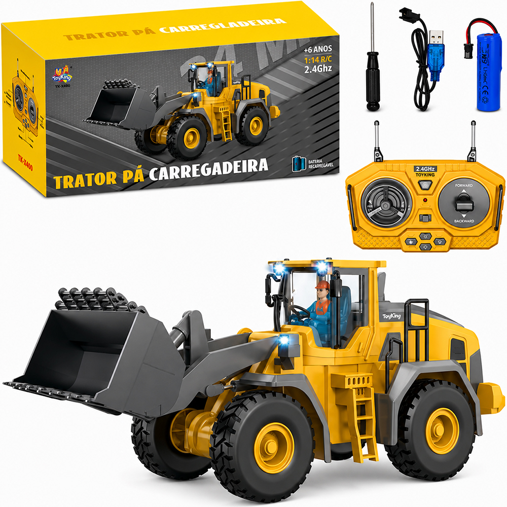 TRATOR PA CARREGADEIRA DE METAL / PLASTICO COM CONTROLE REMOTO SEM FIO SOM E LUZ A BATERIA RECARREGAVEL
