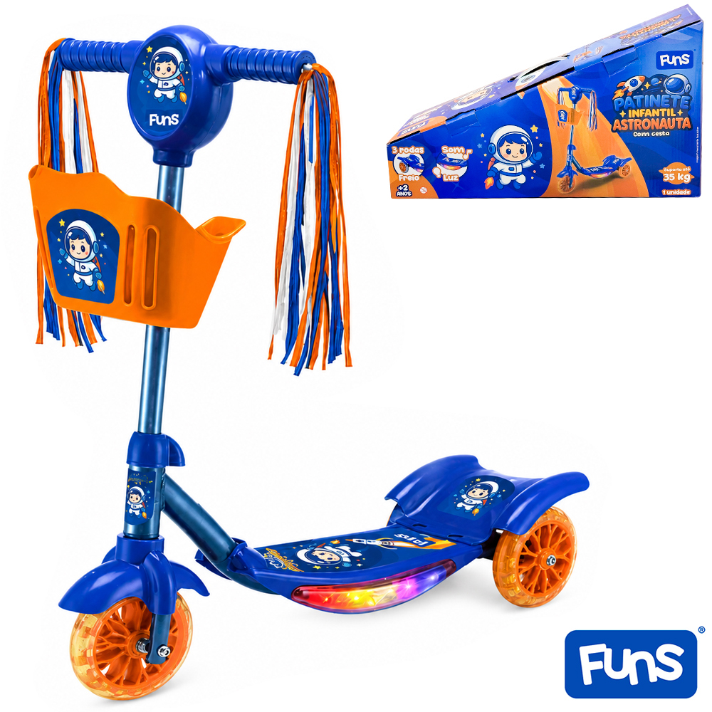 PATINETE ASTRONAUTA FUNS COM 3 RODAS E CESTINHA + SOM E LUZ A PILHA 62X60X19CM