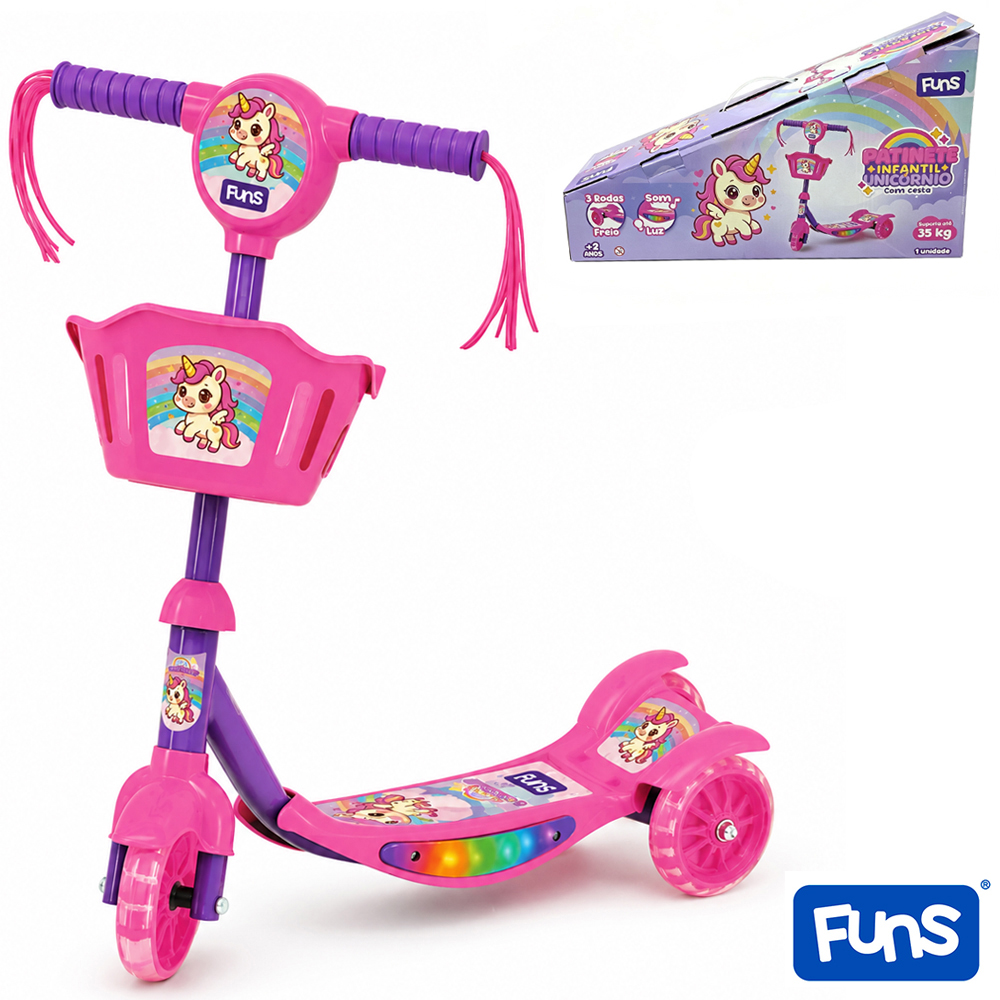 PATINETE UNICORNIO FUNS COM 3 RODAS E CESTINHA + SOM E LUZ A PILHA 62X60X19CM