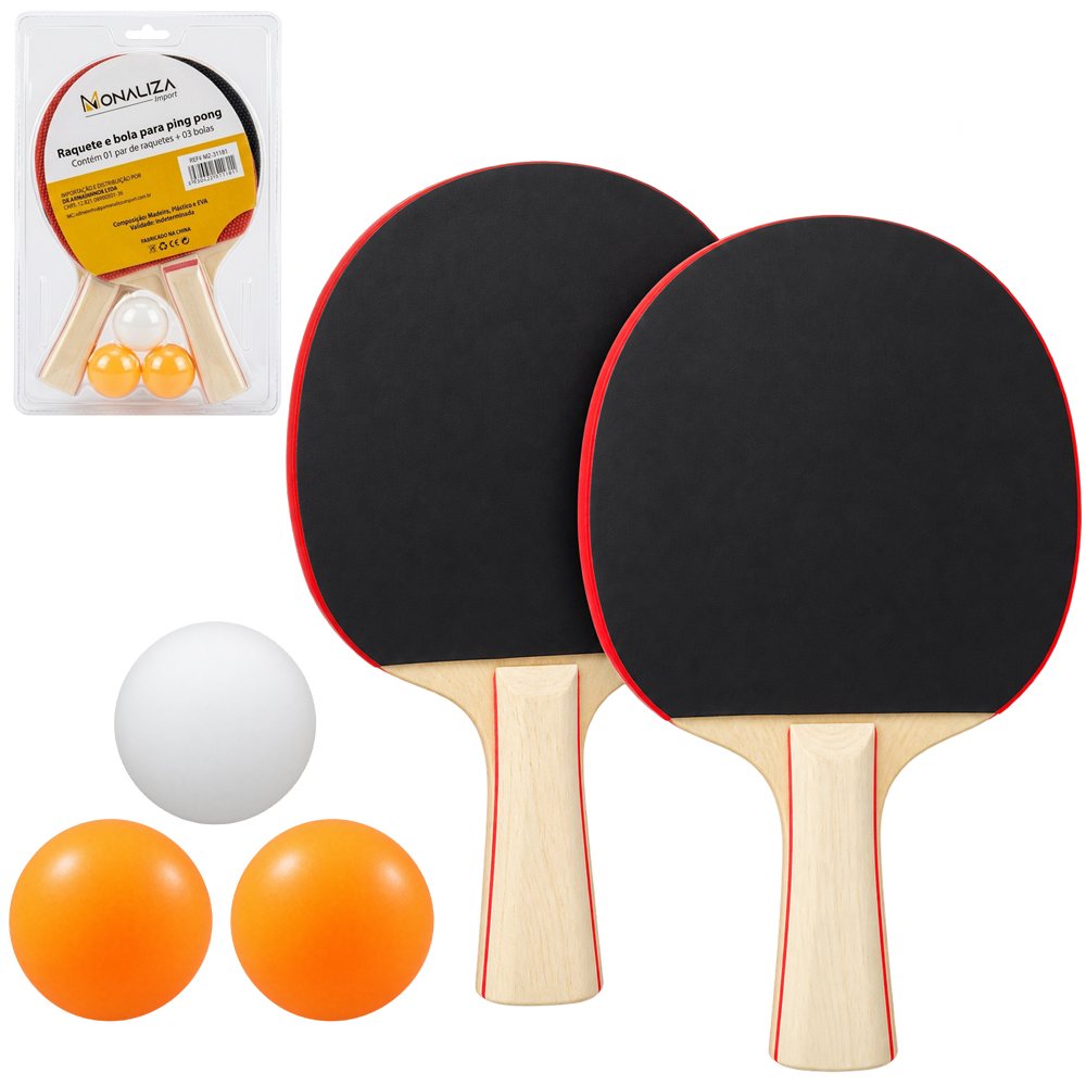RAQUETE DE PING PONG COM 2 PECAS + 3 BOLINHAS