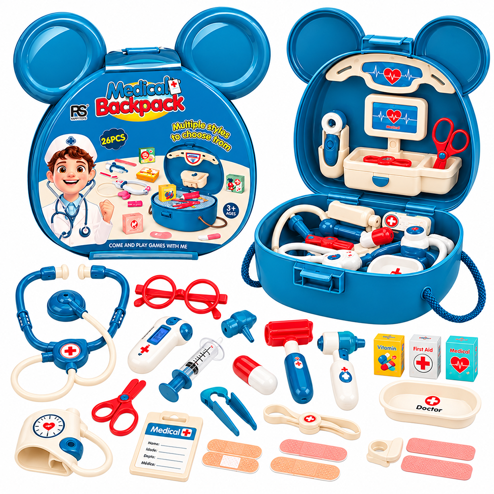 KIT MEDICO INFANTIL COM ESTETOSCOPIO E ACESSORIOS MEDICAL BACKPACK X-CELL 26 PECAS NA MALETA