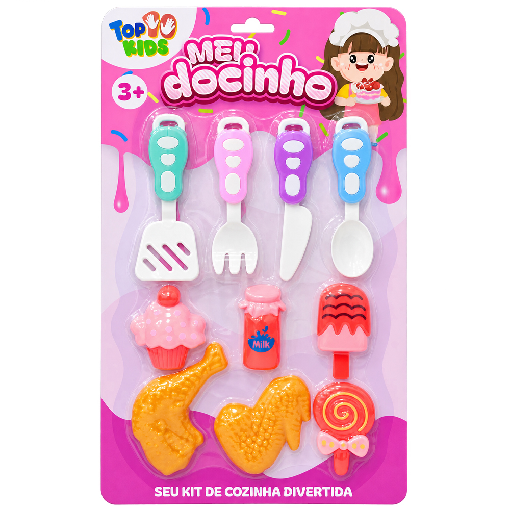 KIT COZINHA INFANTIL COM PICOLE + UTENSILIOS E ACESSORIOS MEU DOCINHO TOP KIDS 10 PECAS 