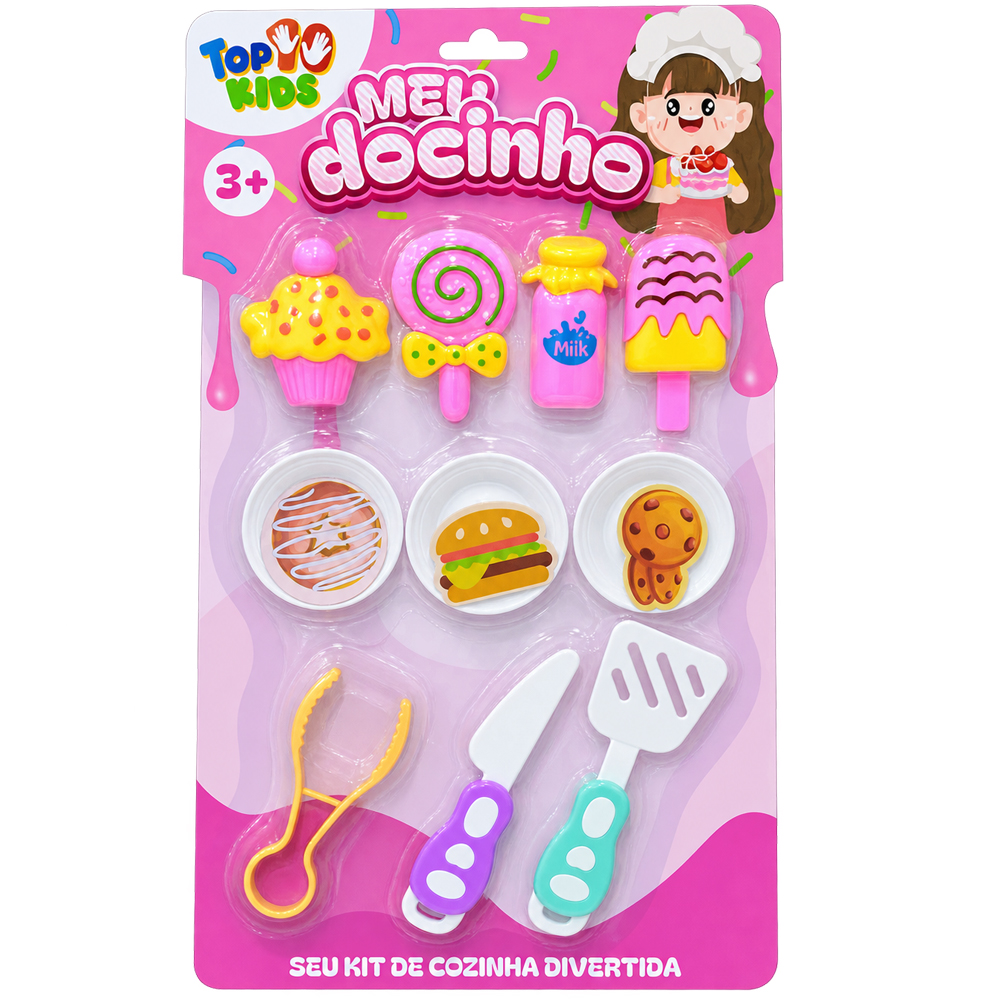 KIT COZINHA INFANTIL COM PICOLE + UTENSILIOS E ACESSORIOS MEU DOCINHO TOP KIDS 10 PECAS