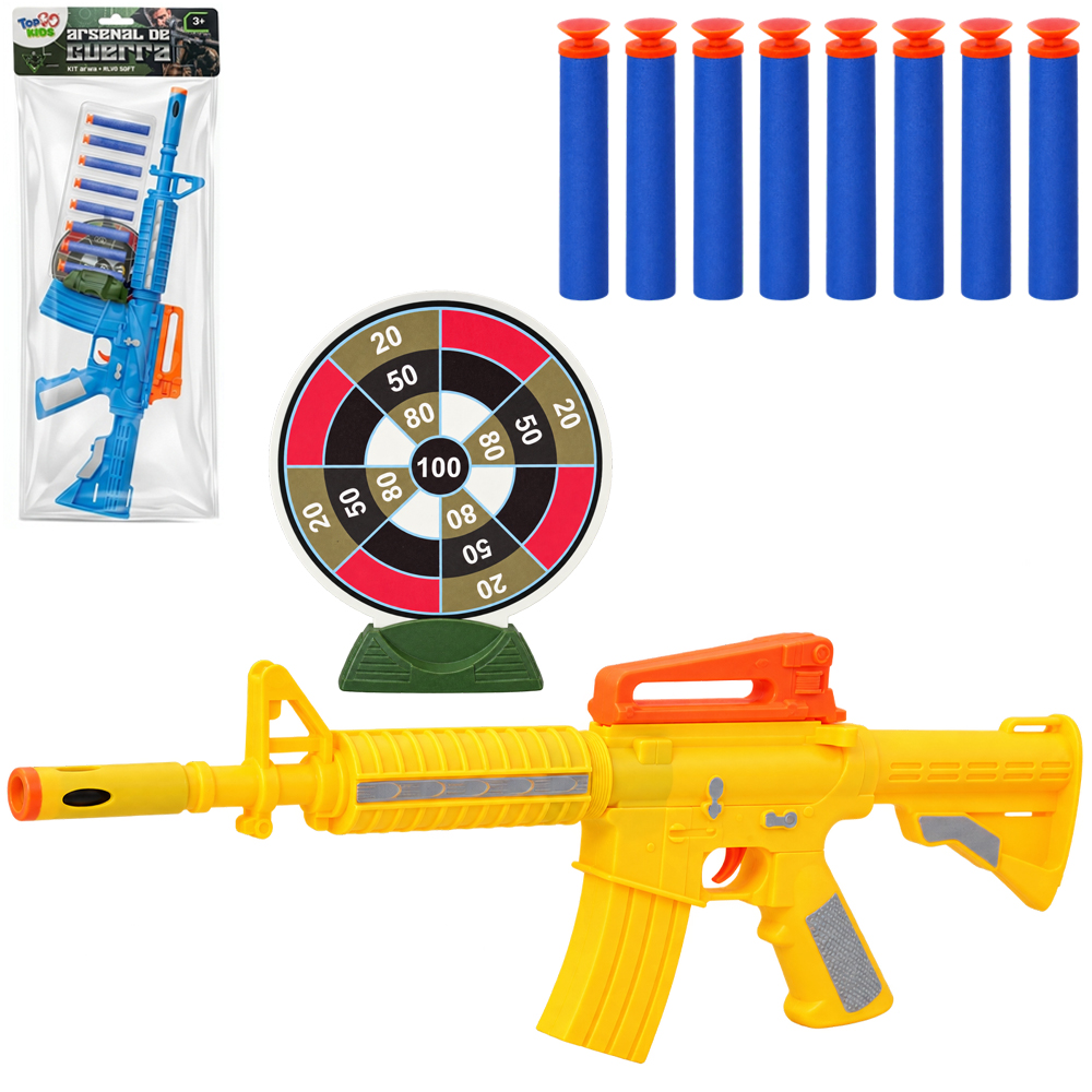 PISTOLA / METRALHADORA LANCA DARDO ESPUMA / VENTOSA COM 8 DARDOS + MIRA E ALVO ARSENAL DE GUERRA TOP KIDS