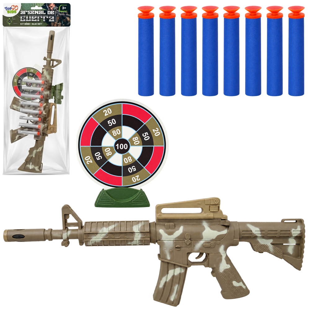 PISTOLA / METRALHADORA LANCA DARDO ESPUMA / VENTOSA COM 8 DARDOS + MIRA E ALVO ARSENAL DE GUERRA TOP KIDS 
