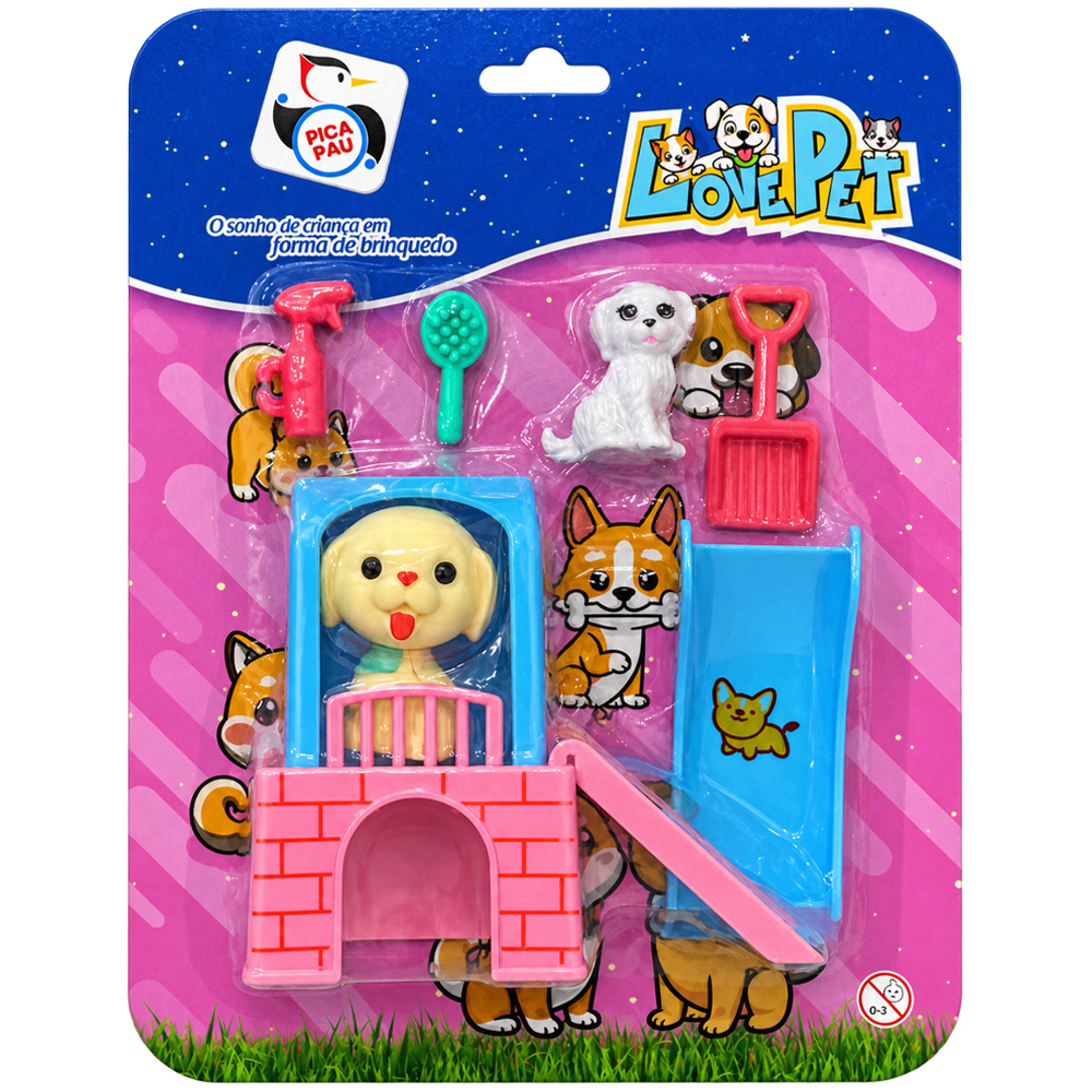 KIT PET COM CACHORRO + ESCORREGADOR E ACESSORIOS LOVE PET 7 PECAS