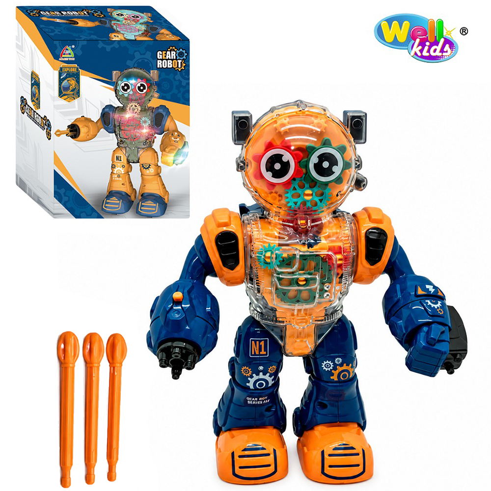 BONECO ROBO CYBORS TOOLS LANCA DARDO COM 3 DARDOS FUTURISTA + SOM E LUZ TRANSPARENTE A PILHA 