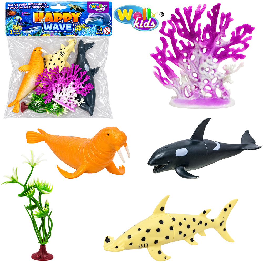 KIT ANIMAL MARINHO DE PVC HAPPY WAVE COM ACESSORIOS 7 PECAS 