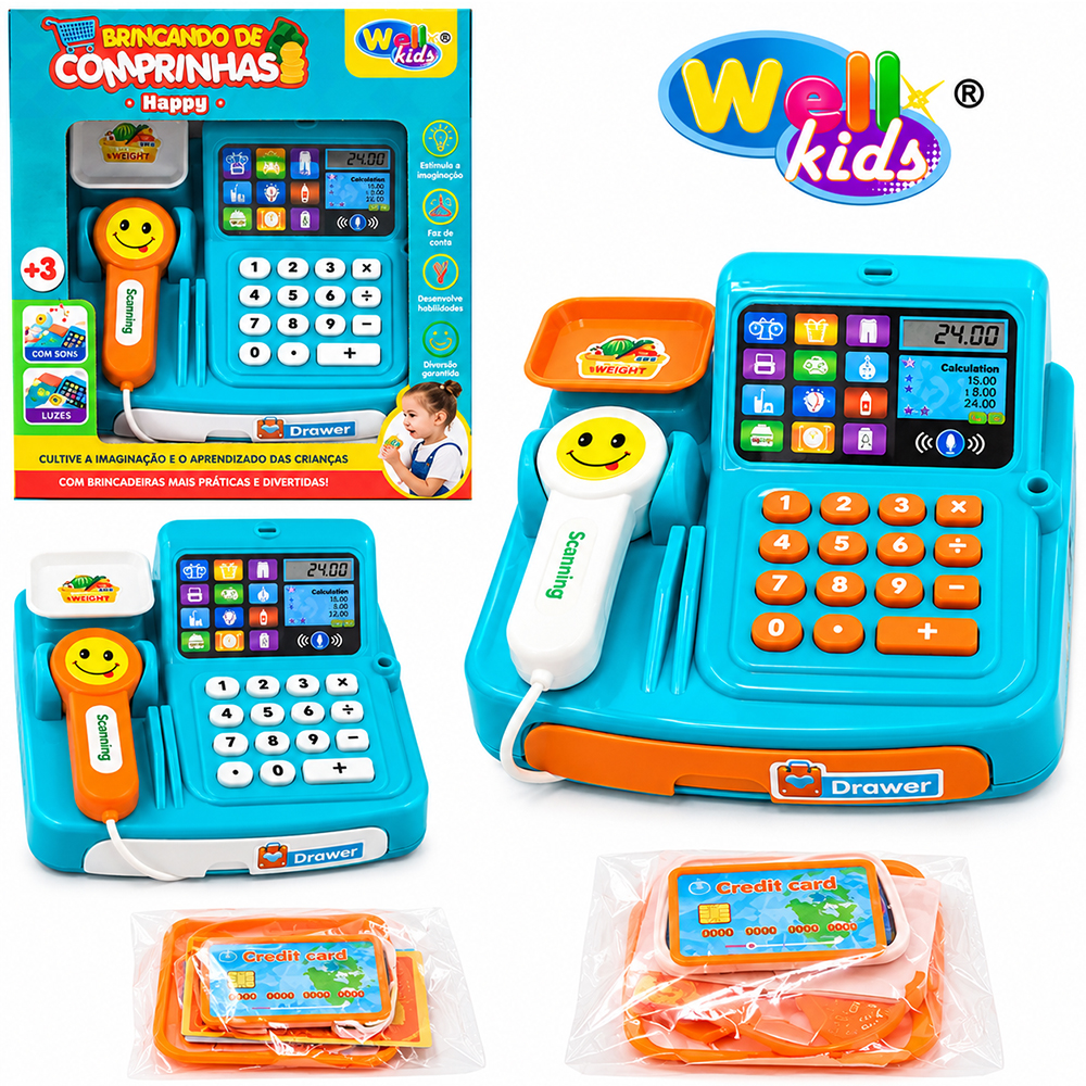 CAIXA REGISTRADORA COM SOM + LUZ E ACESSORIOS BRINCANDO DE COMPRINHAS HAPPY A PILHA 11 PECAS