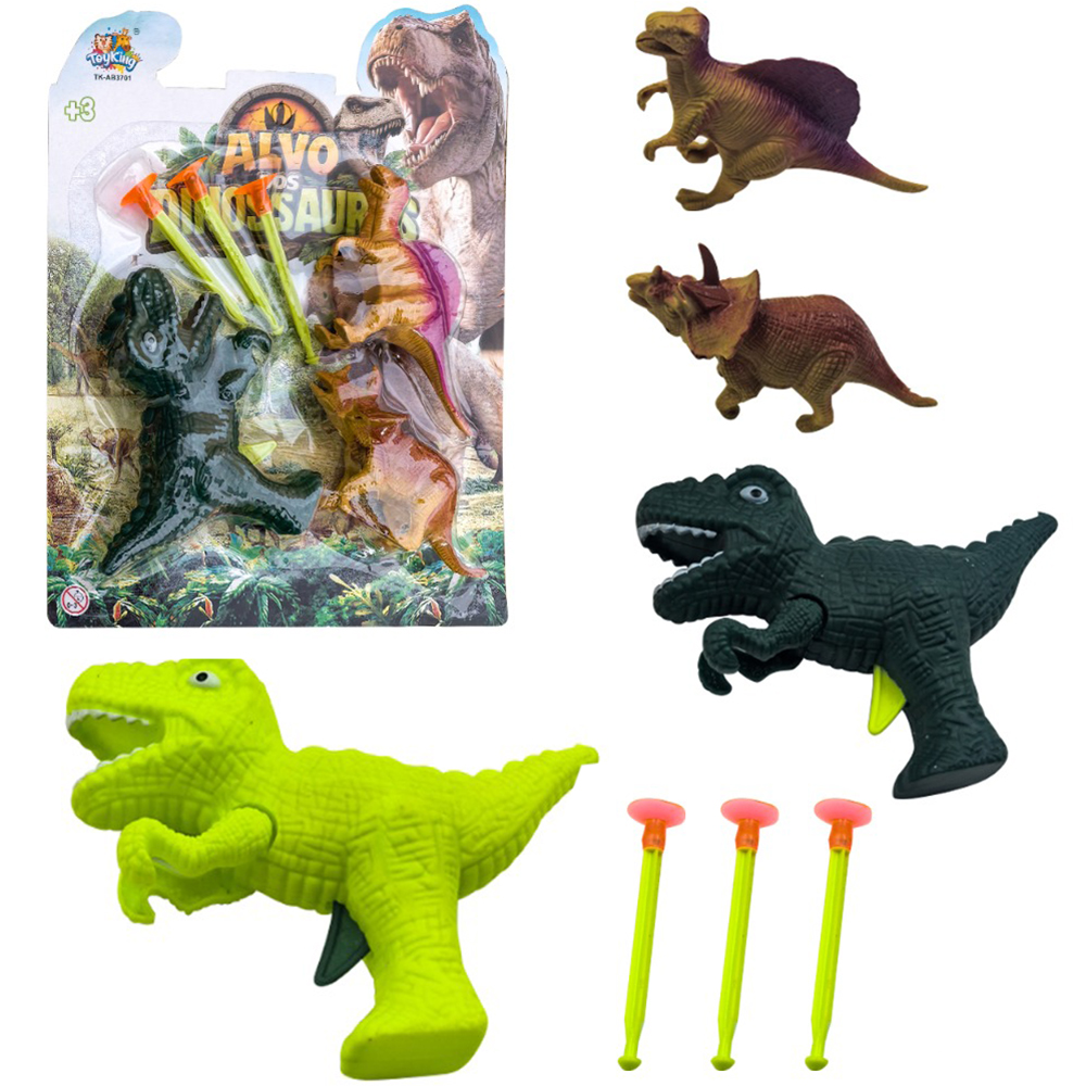 PISTOLA DINOSSAURO LANCA DARDO VENTOSA COM 3 DARDOS + 2 DINOSSAURO