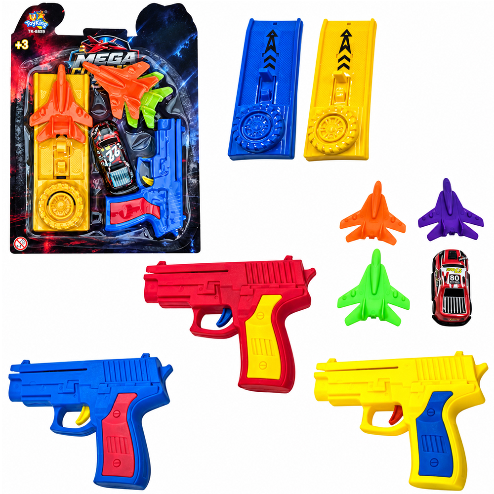 CARRO COM LANCADOR + PISTOLA / REVOLVER LANCA AVIAO COM 3 AVIOES MEGA COMBATE