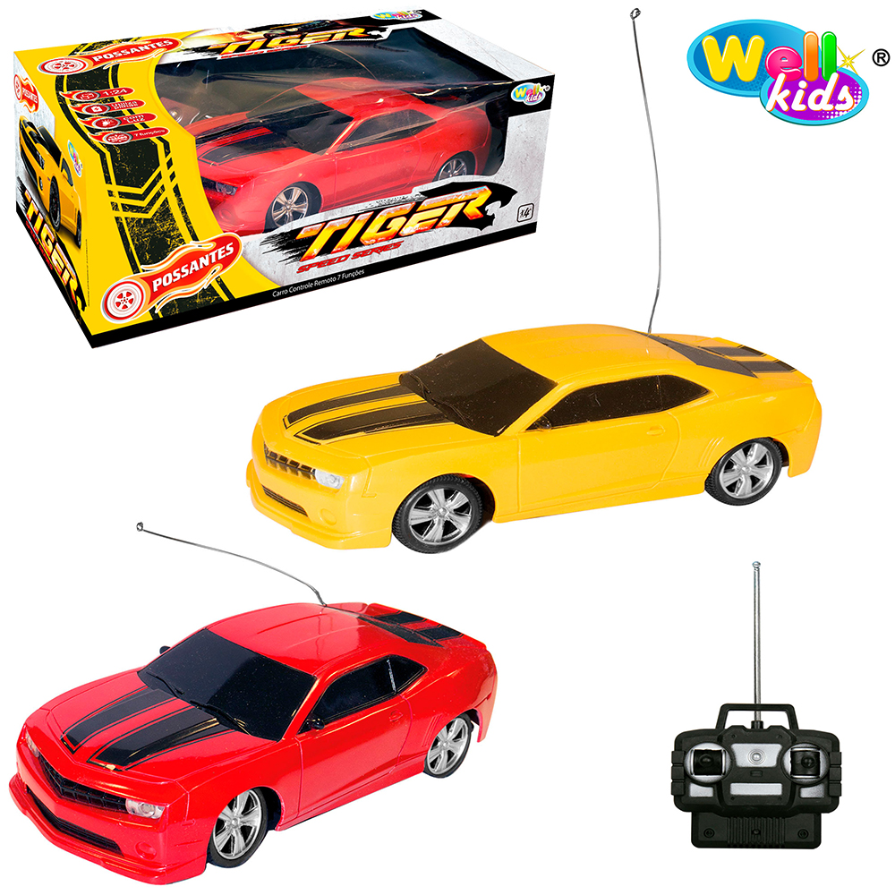 CARRO COM CONTROLE REMOTO SEM FIO CAMARO TIGER SPEED SERIES POSSANTES 7 FUNCOES COM LUZ A PILHA WELLKIDS