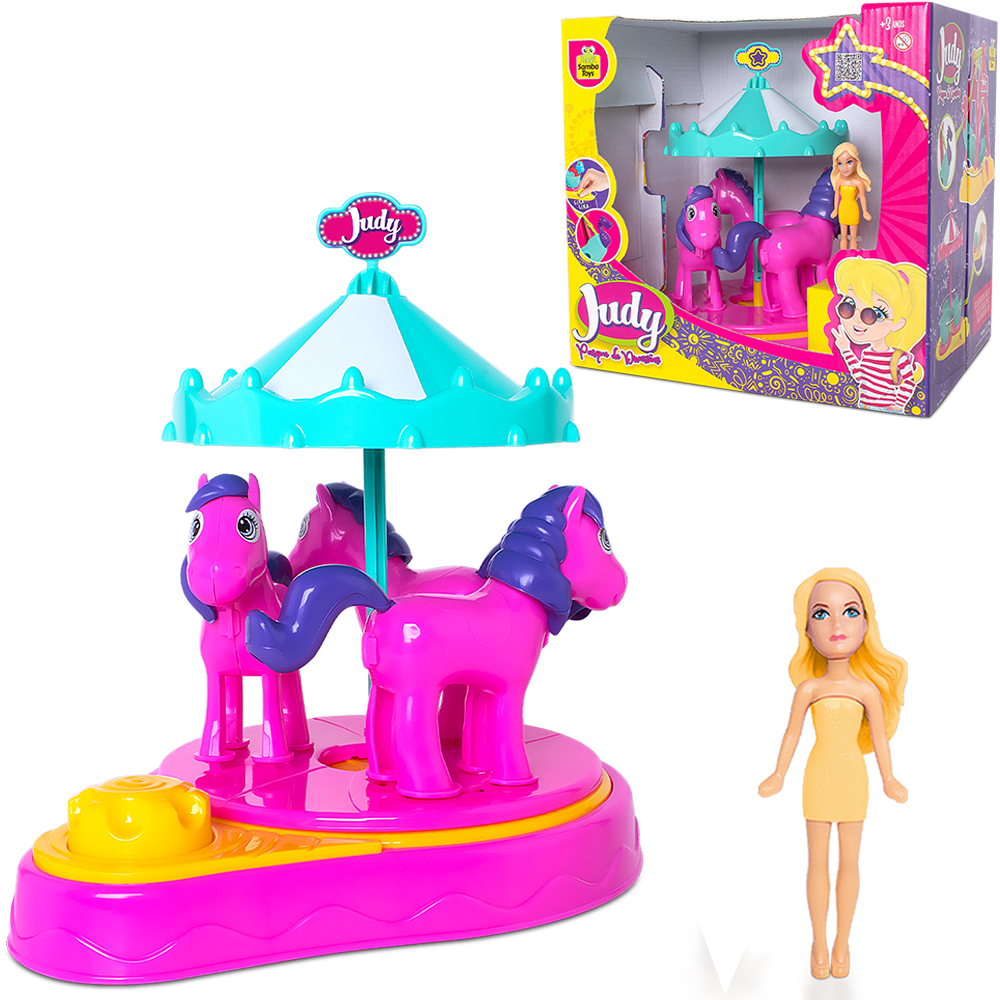 KIT PARQUE DE DIVERSAO CARROSSEL CAVALO COM BONECA JUDY 25X24CM NA CAIXA