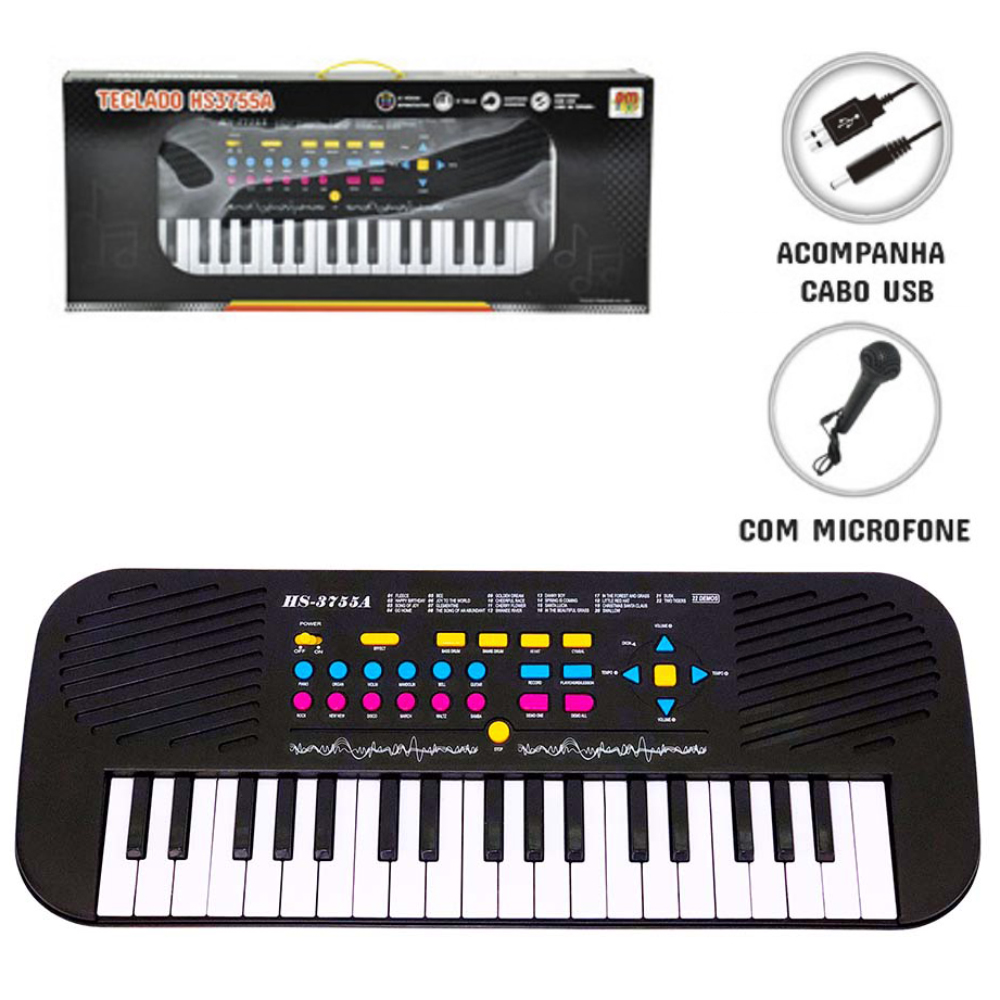 TECLADO / PIANO MUSICAL INFANTIL COM MICROFONE + CABO USB / PILHA PRETO HS3755A