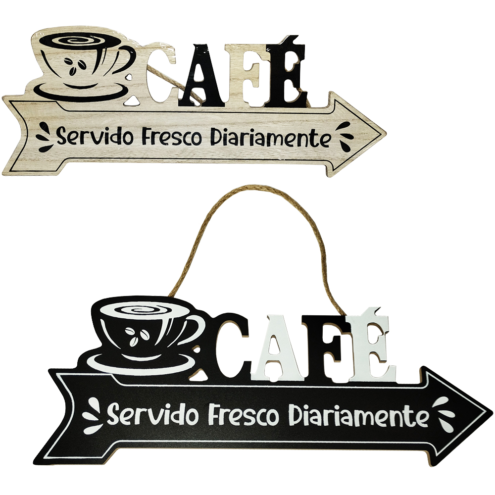 ENFEITE SETA DE MADEIRA MDF FRASES CAFE PARA PENDURAR 33,5X13,5CM 
