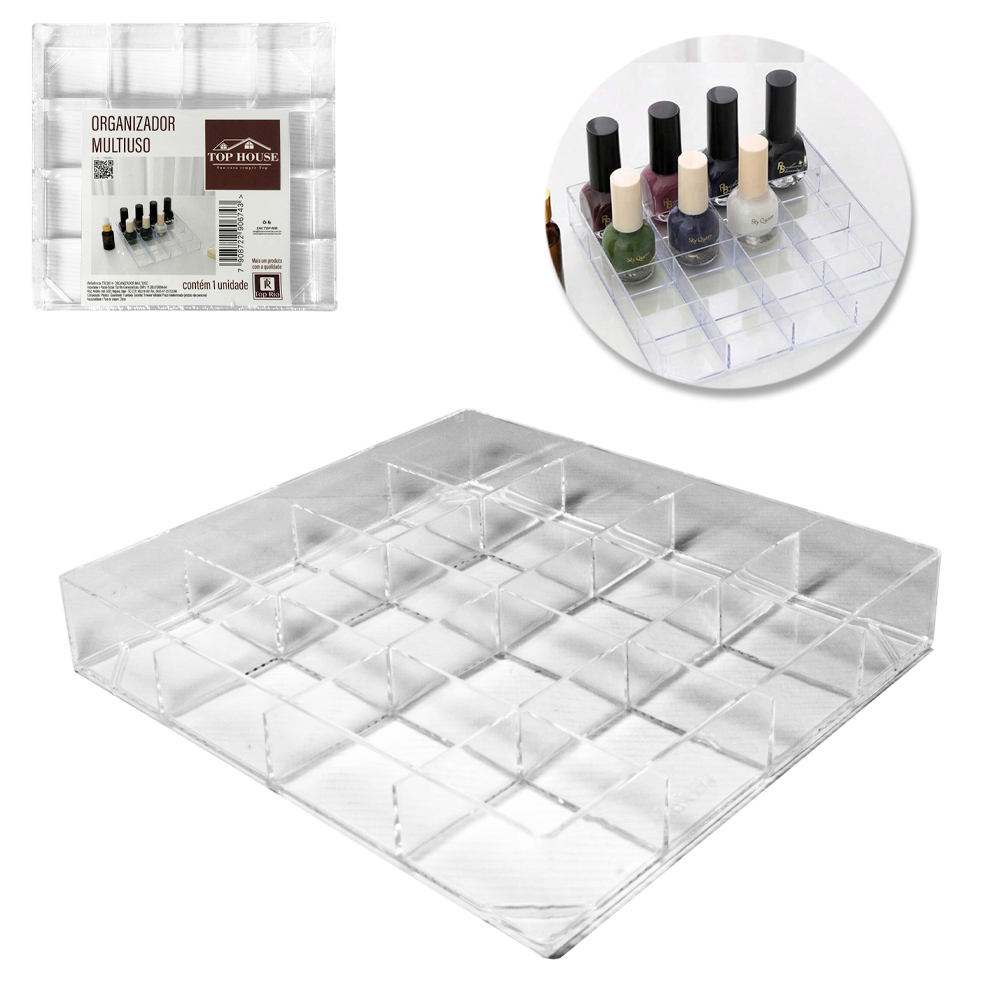 ORGANIZADOR DE COSMETICOS DE ACRILICO QUADRADO COM 16 CAVIDADES 16,5X3CM