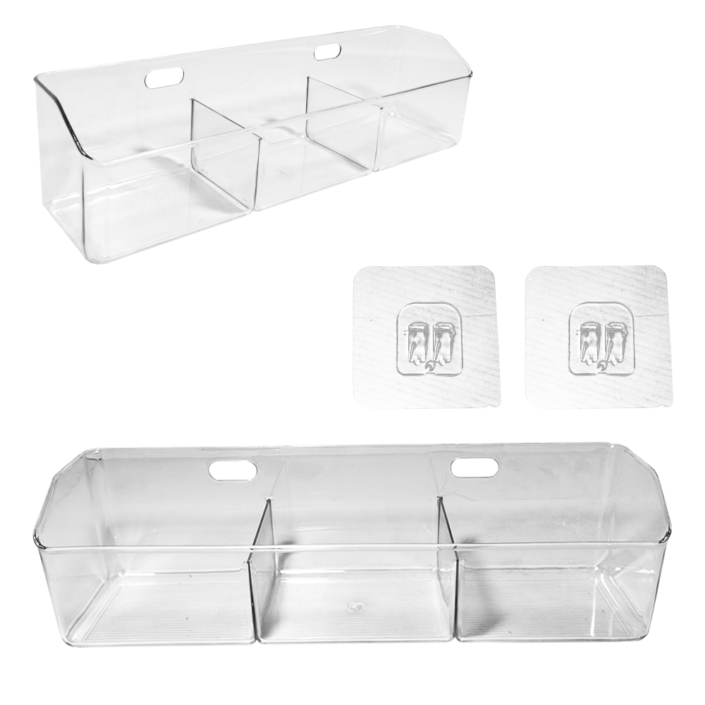 CESTO ORGANIZADOR DE PLASTICO PET FLEXIVEL RETANGULAR COM 3 DIVISORIAS MULTIUSO AUTOADESIVO 38,5X10,5X10CM