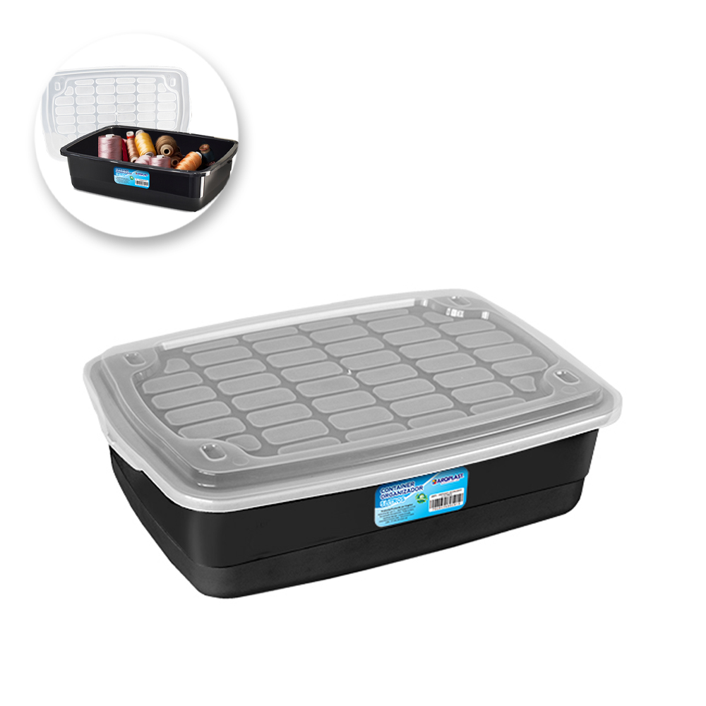 CAIXA ORGANIZADOR CONTAINER DE PLASTICO RETANGULAR EMPILHAVEL PRETO COM TAMPA + TRAVA E ALCA 5L 34X24X10CM