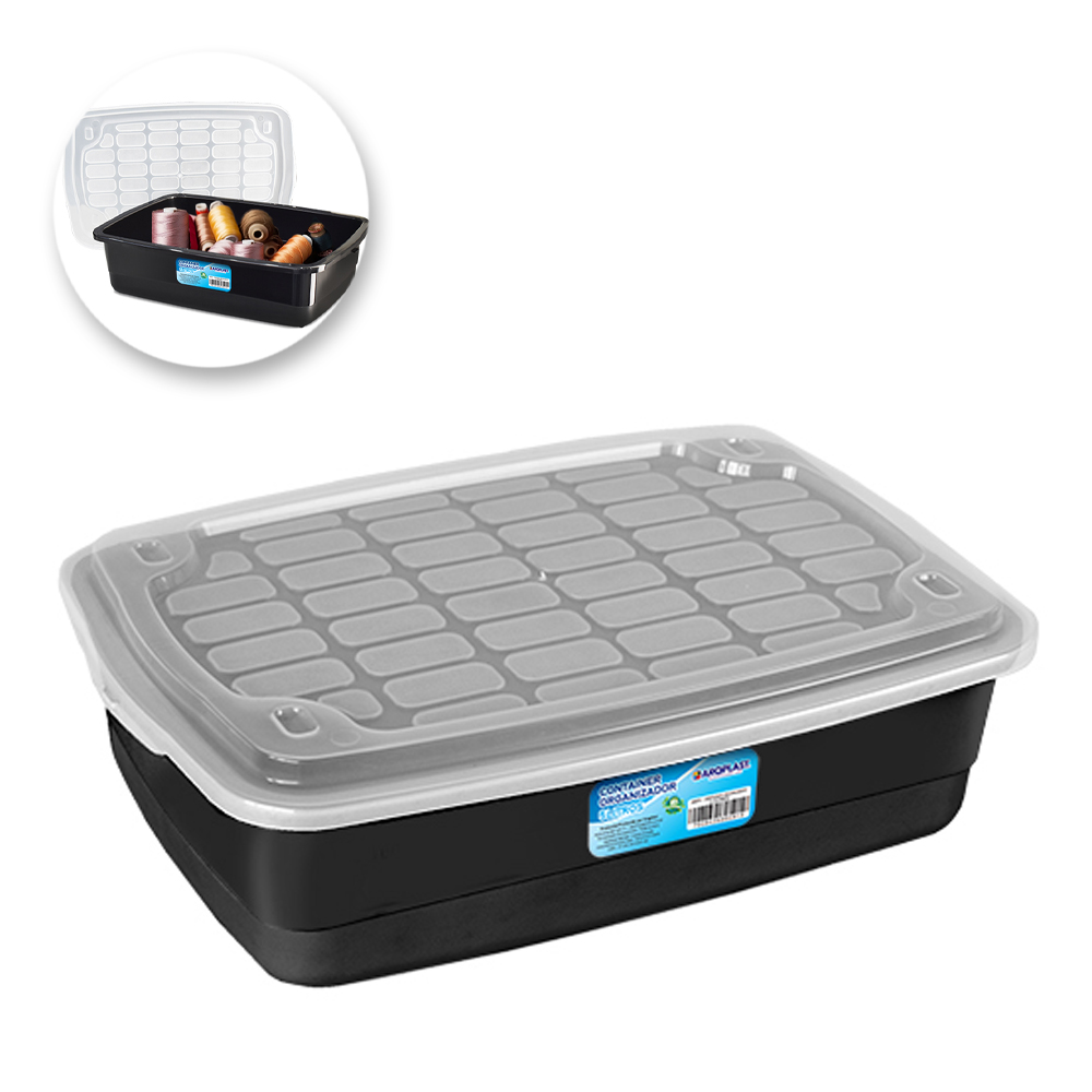 CAIXA ORGANIZADOR CONTAINER DE PLASTICO RETANGULAR EMPILHAVEL PRETO COM TAMPA + TRAVA E ALCA 10L 41X29X12CM