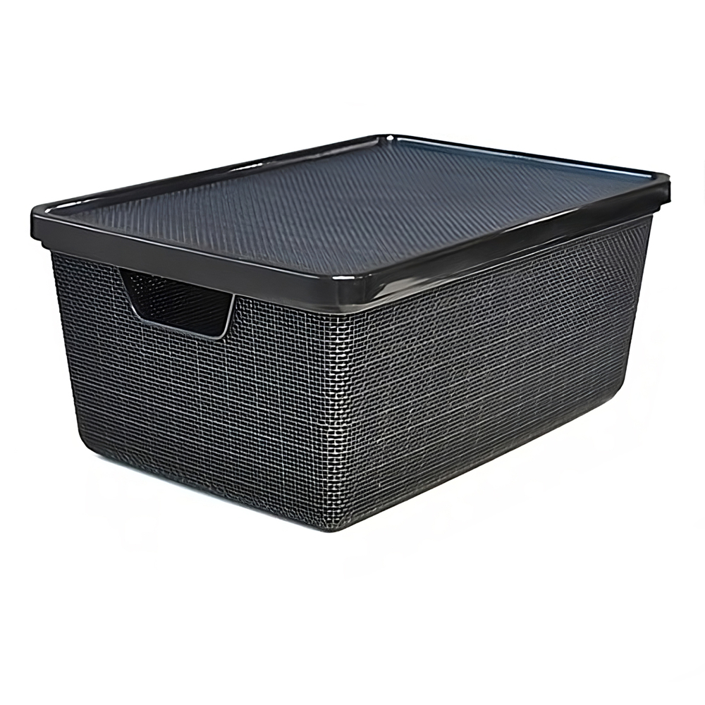 CESTO CAIXA ORGANIZADOR DE PLASTICO RETANGULAR EMPILHAVEL PRETO COM TAMPA + ALCA JUTTA 16L 41X28X17,5CM