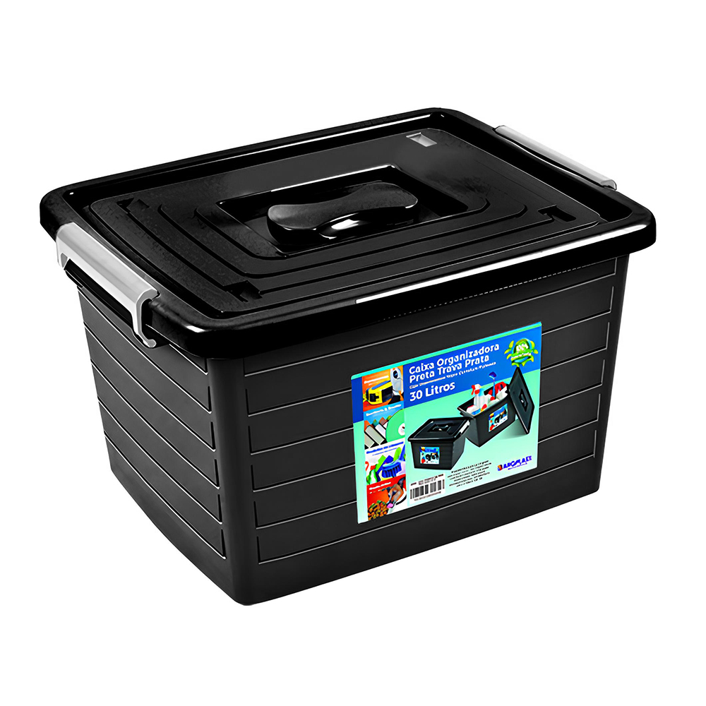 CAIXA ORGANIZADOR CONTAINER DE PLASTICO RETANGULAR PRETO COM TAMPA + TRAVA E ALCA 30L 44X35X26CM