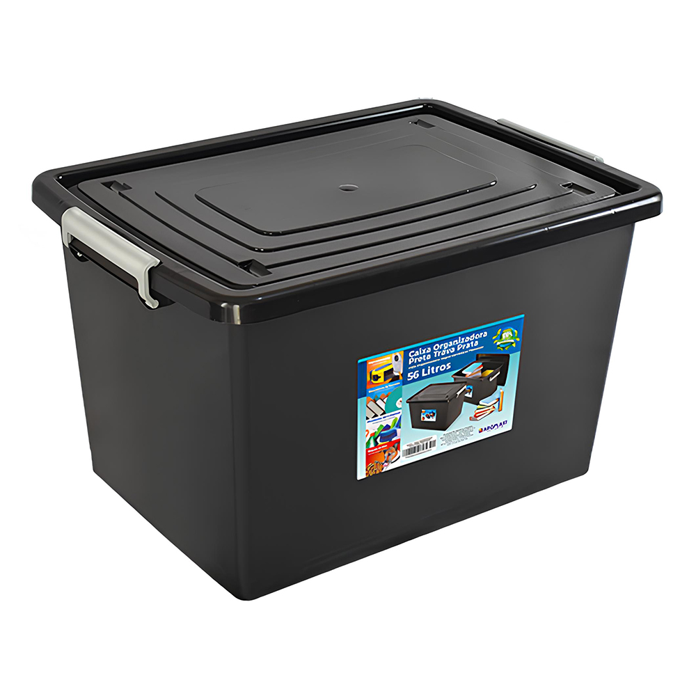 CAIXA ORGANIZADOR CONTAINER DE PLASTICO RETANGULAR PRETO COM TAMPA+ TRAVA E ALCA 56L 57X41X34,5CM