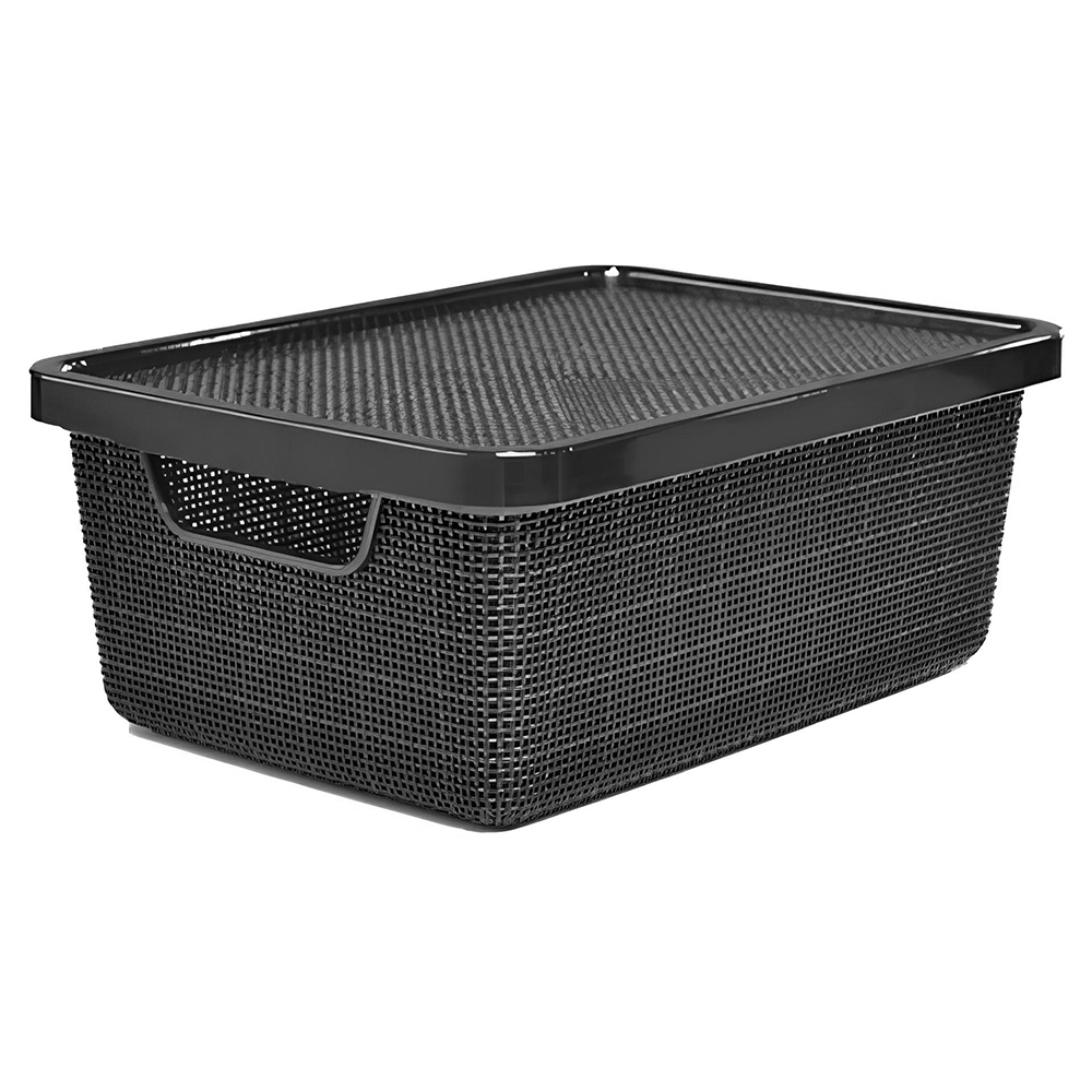 CESTO CAIXA ORGANIZADOR DE PLASTICO RETANGULAR EMPILHAVEL PRETO COM TAMPA + ALCA JUTTA 6L 29X21X12CM