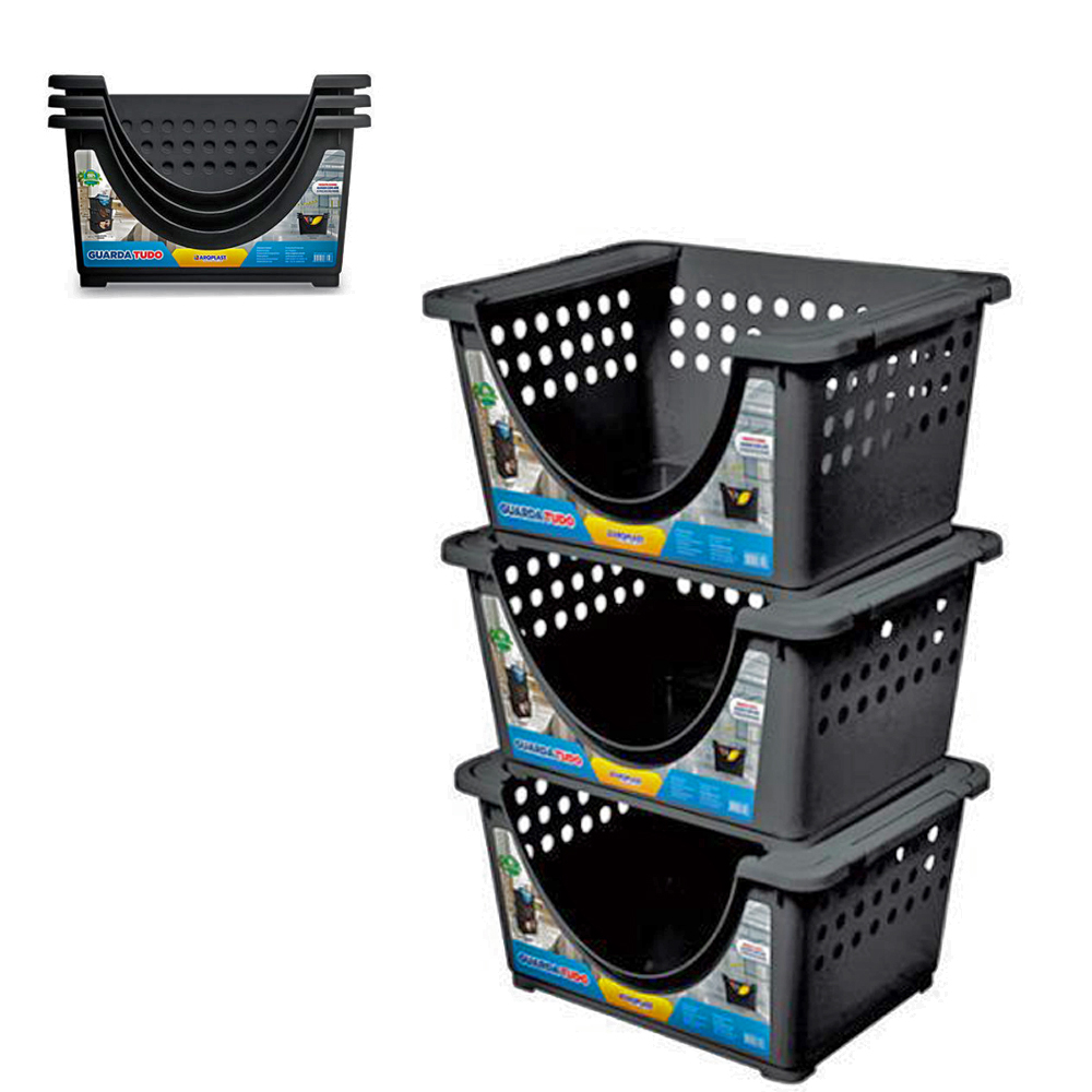 GUARDA TUDO ORGANIZADOR DE PLASTICO EMPILHAVEL PRETO COM ALCA 3 PECAS 42X32X23CM