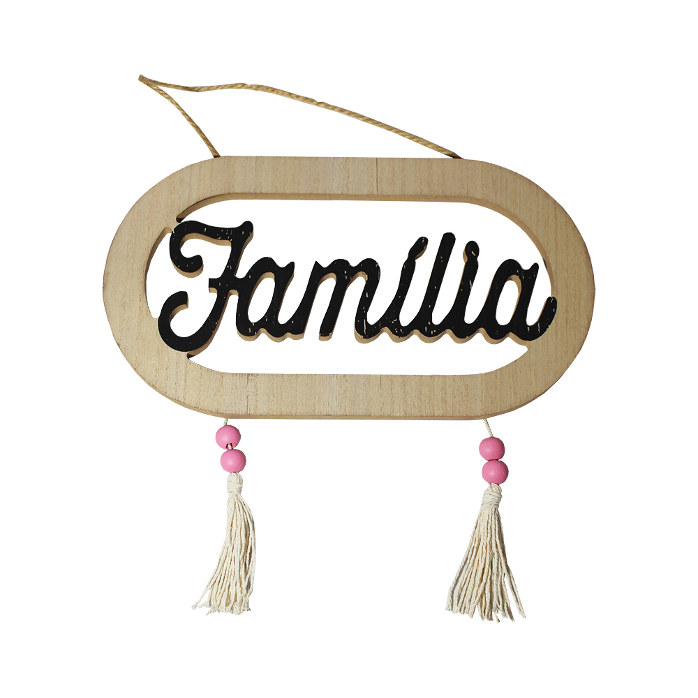 ENFEITE PLACA DE MADEIRA MDF OVAL FAMILIA PARA PENDURAR 34X23,5CM