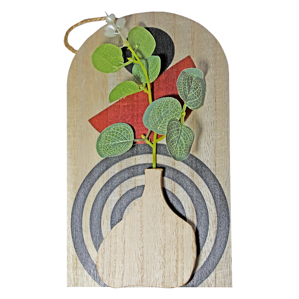 ENFEITE PLACA DE MADEIRA MDF COM VASO DE FLOR ARTIFICIAL PARA PENDURAR 23,5X13CM