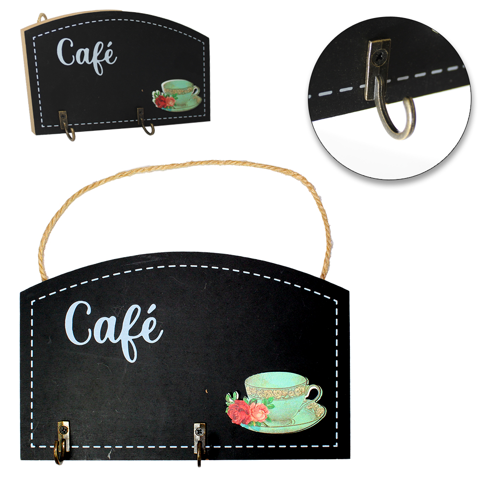 PORTA CHAVE DE MADEIRA MDF RETANGULAR CAFE COM 2 GANCHOS DE METAL 20X12,5CM