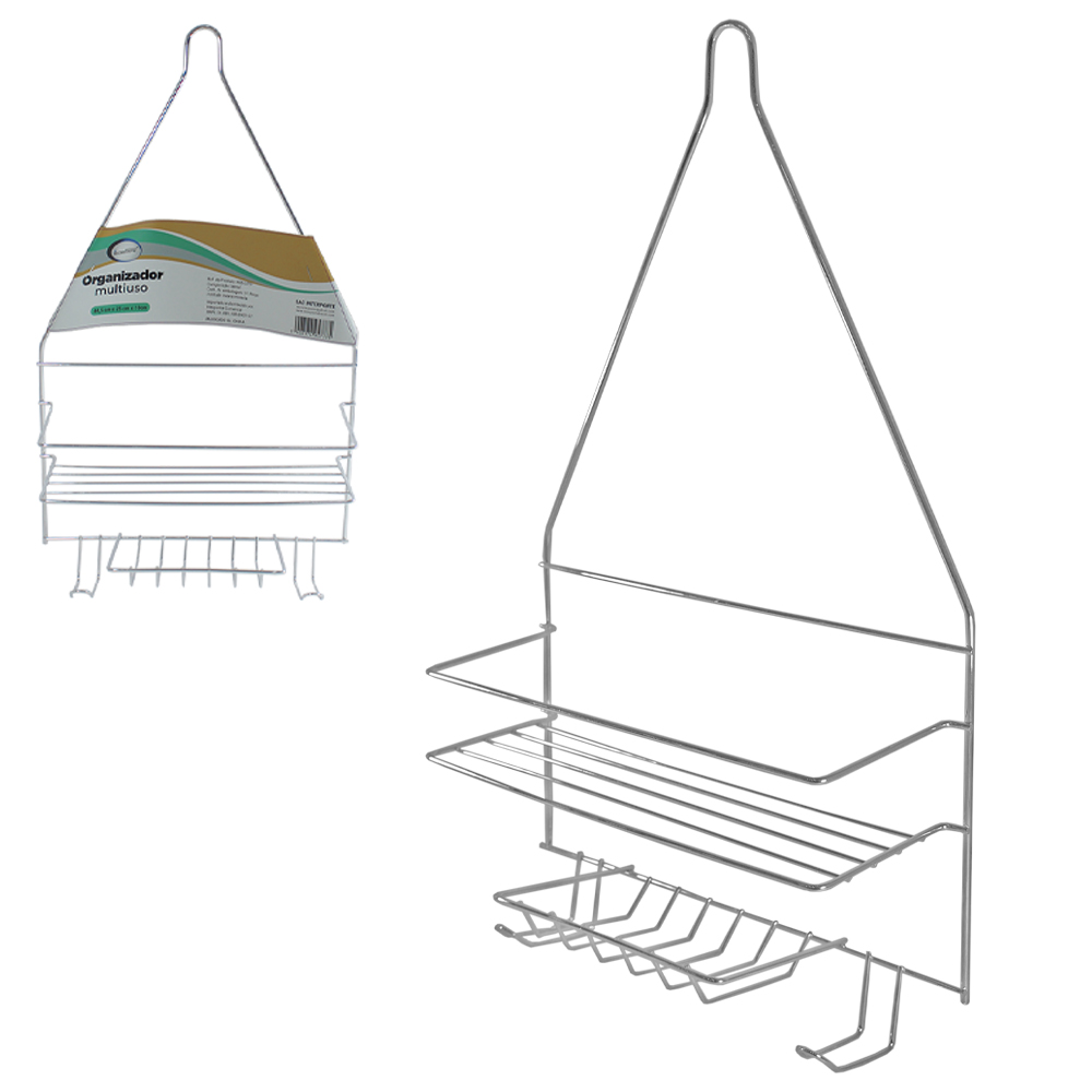 PORTA SHAMPOO ARAMADO COM 2 GANCHOS CROMADO 44,5X25X10CM