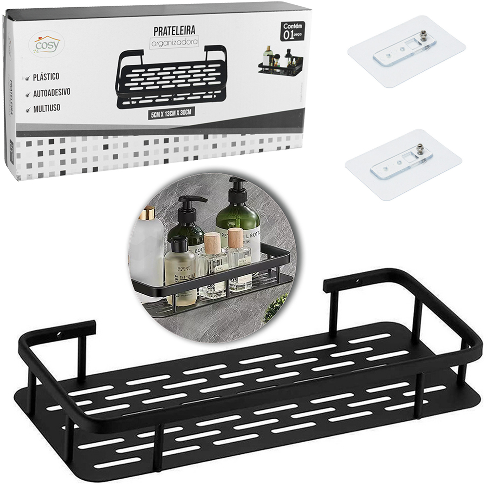 SUPORTE PRATELEIRA ORGANIZADOR DE PLASTICO RETANGULAR COM AUTOADESIVO BLACK 30X13X5CM 