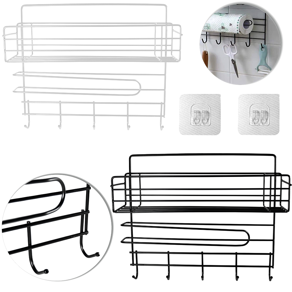 SUPORTE PRATELEIRA ORGANIZADOR ARAMADO COM 5 GANCHOS + PORTA PAPEL TOALHA 27,5X24X10CM 