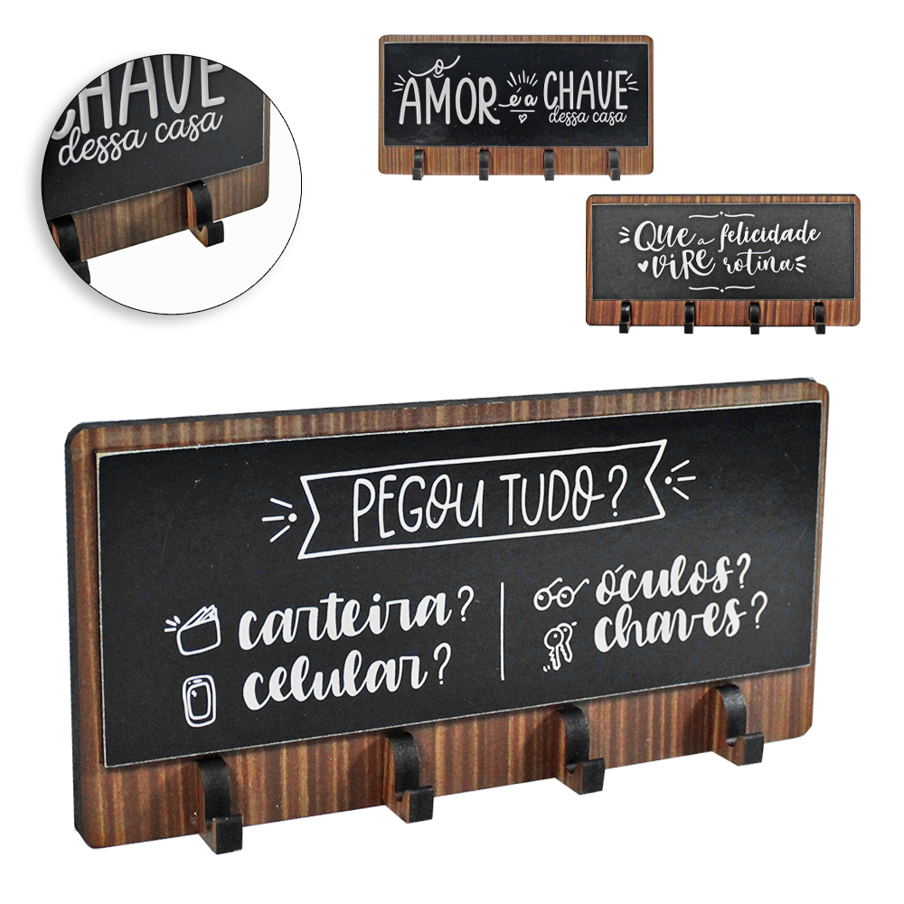 PORTA CHAVE DE MADEIRA RETANGULAR FRASES COM 4 GANCHOS 20X9,5CM 