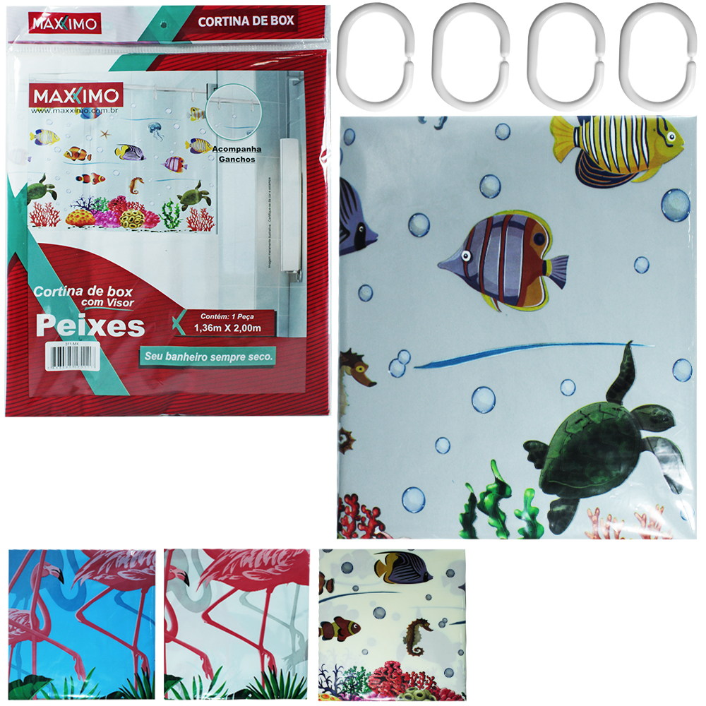 CORTINA DE BOX DE PLASTICO PE COM VISOR PEIXES / SAPO + 7 GANCHOS 1,36X2M