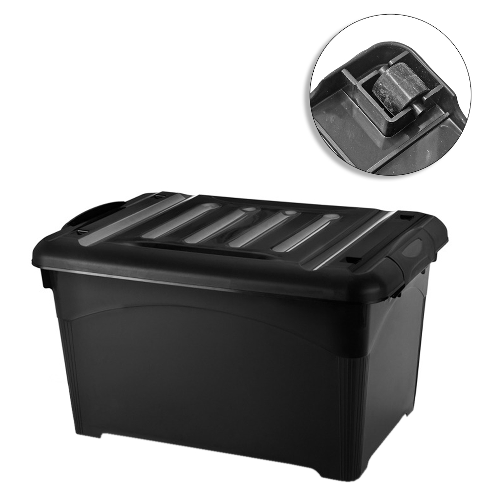 CAIXA ORGANIZADOR CONTAINER DE PLASTICO RETANGULAR BLACK COM RODIZIO + TAMPA E ALCA 45L 52X37X31CM  