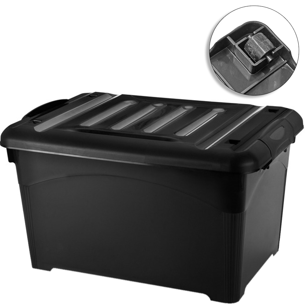 CAIXA ORGANIZADOR CONTAINER DE PLASTICO RETANGULAR BLACK COM RODIZIO + TAMPA E ALCA 95L 67C47X40CM 