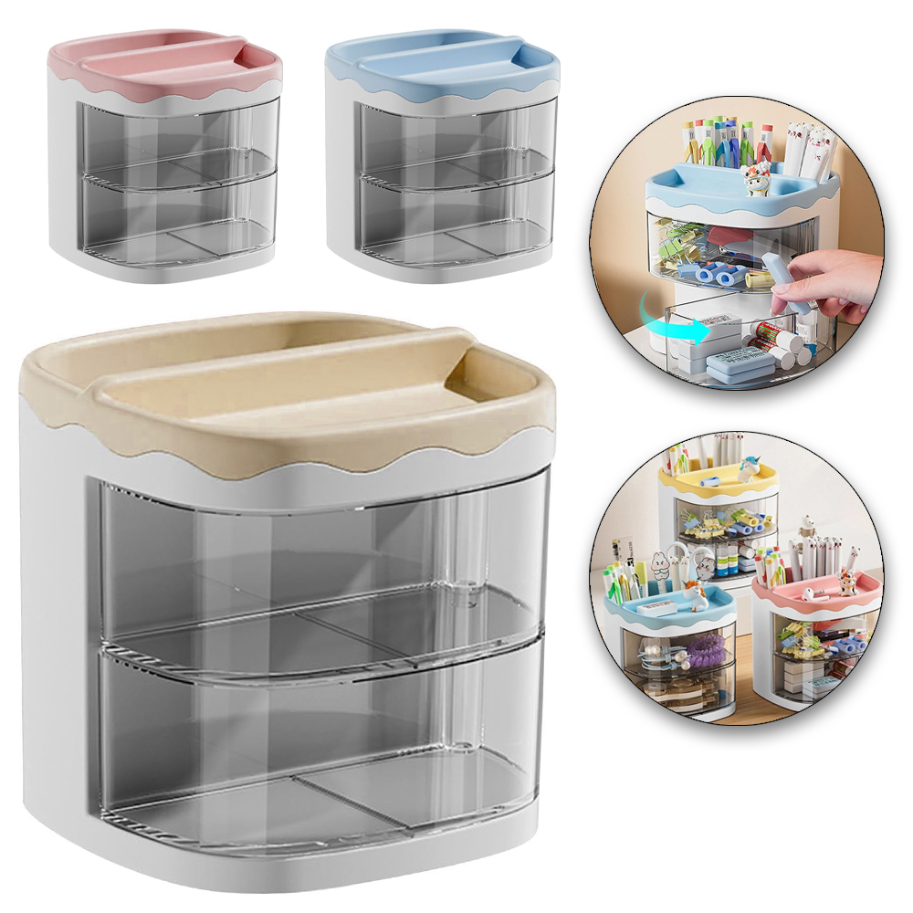 ORGANIZADOR DE MESA / PORTA CANETA / LAPIS DE PLASTICO PS/PP COM GAVETA 180°