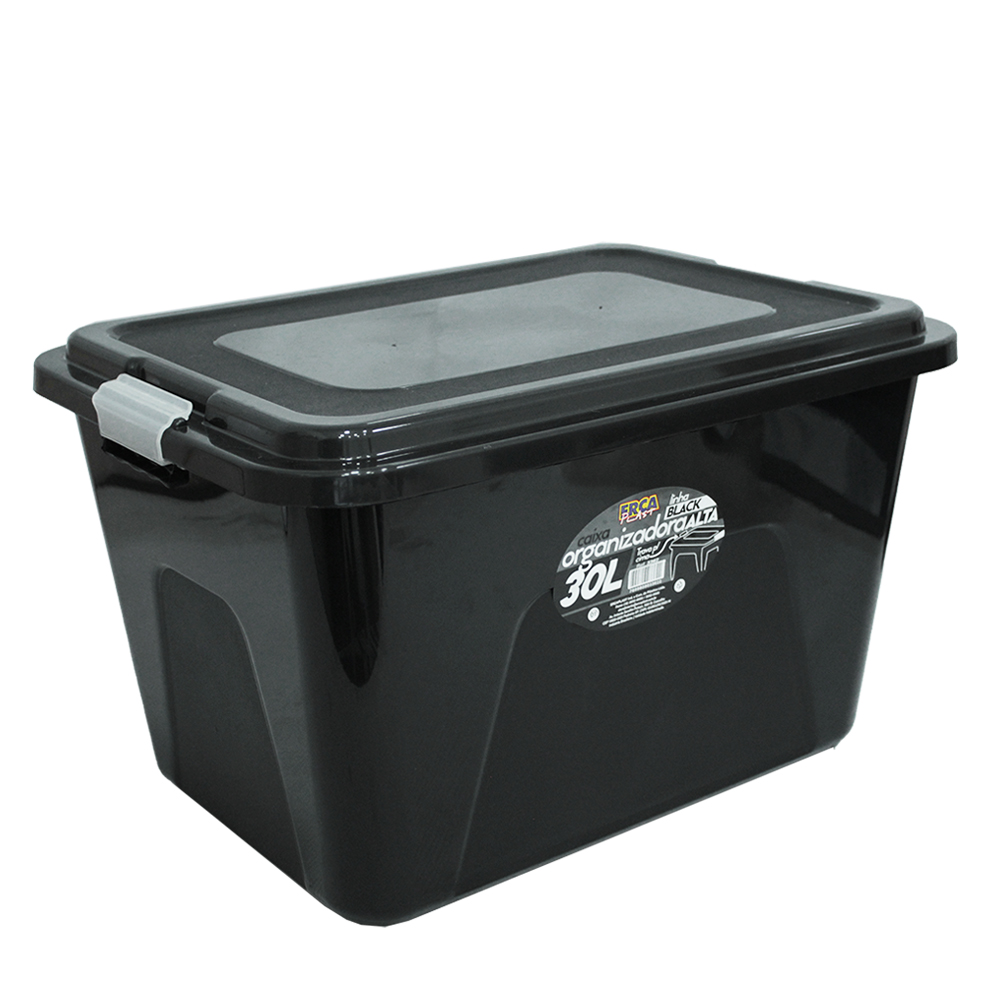 CAIXA ORGANIZADOR CONTAINER DE PLASTICO RETANGULAR PRETO COM TAMPA + TRAVA E ALCA 30L 47X34X28,5CM