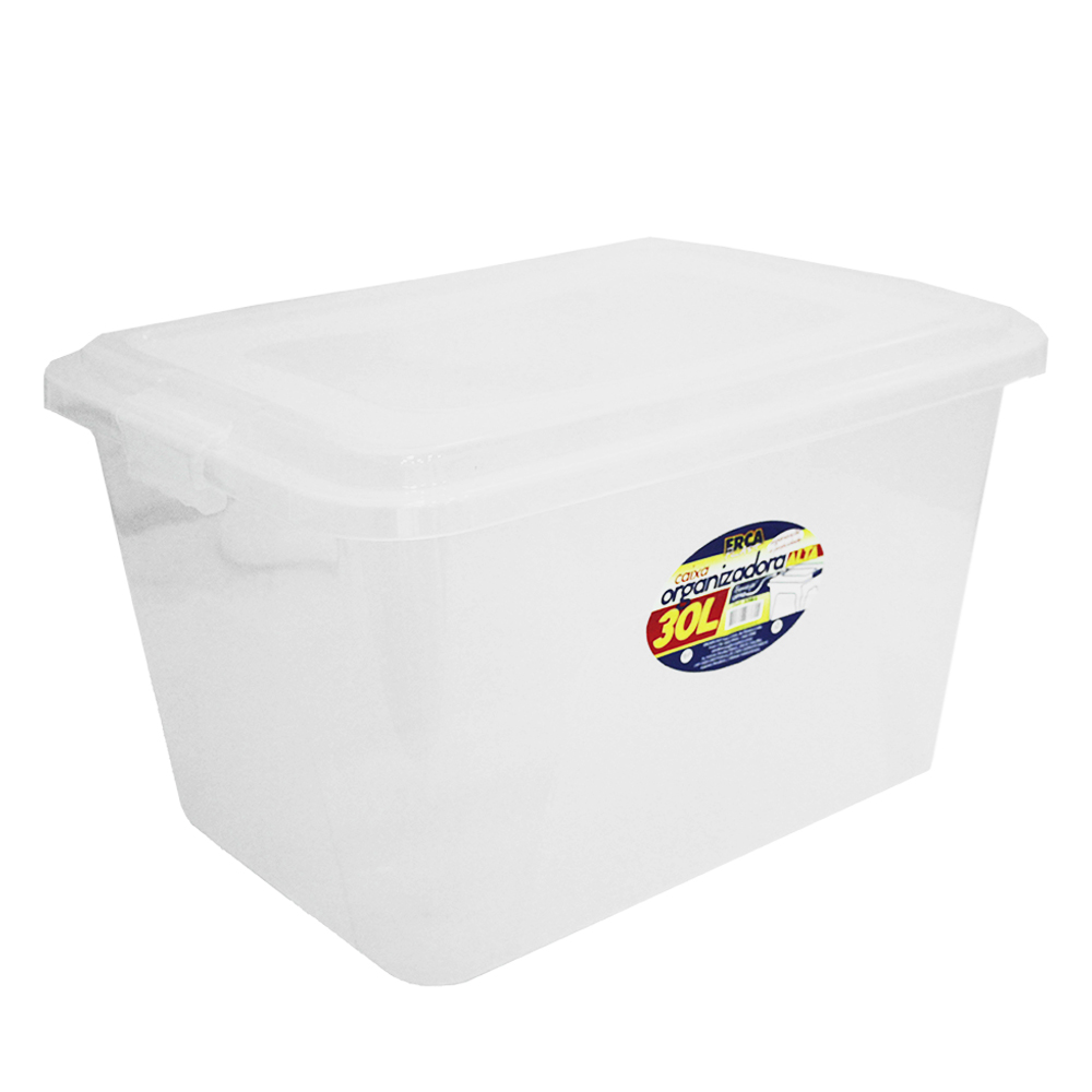 CAIXA ORGANIZADOR CONTAINER DE PLASTICO RETANGULAR TRANSPARENTE COM TAMPA + TRAVA E ALCA 30L 47X34X28,5CM