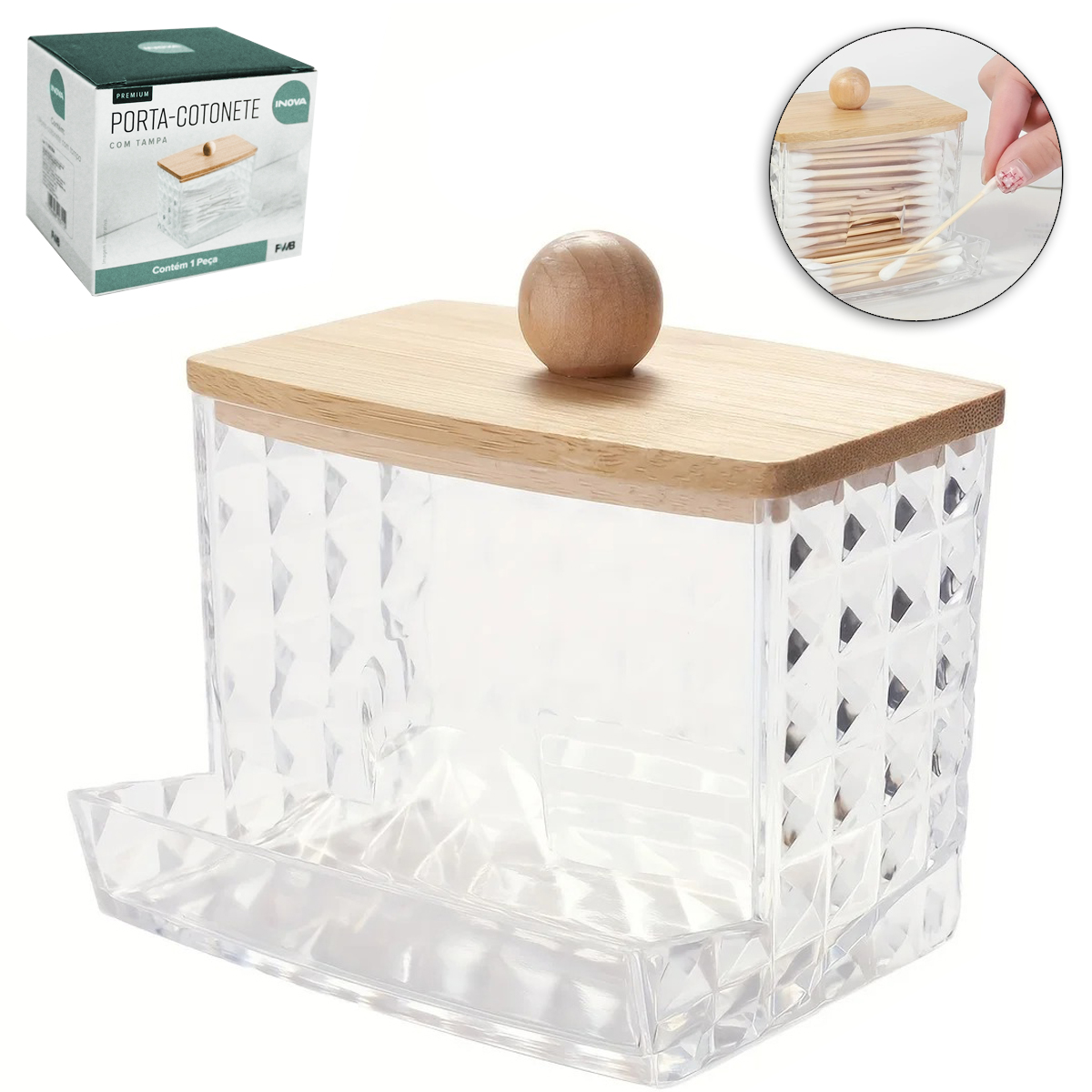 ORGANIZADOR PORTA COTONETE DE ACRILICO RETANGULAR COM TAMPA DE BAMBU INOVA PREMIUM 8,8X8X7CM 