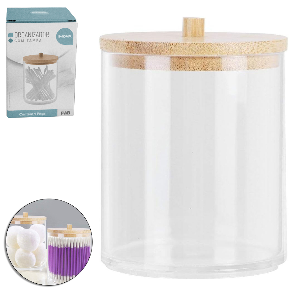 ORGANIZADOR PORTA COTONETE DE ACRILICO REDONDO COM TAMPA DE BAMBU INOVA 10X6,8CM DE Ø