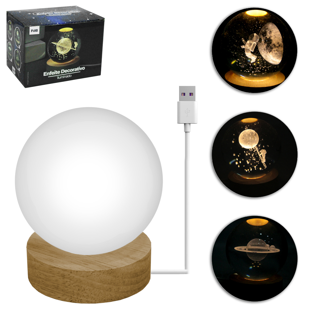 ENFEITE DECORATIVO ESFERA DE VIDRO PLANETA COM BASE DE MADEIRA + 6 LEDS USB