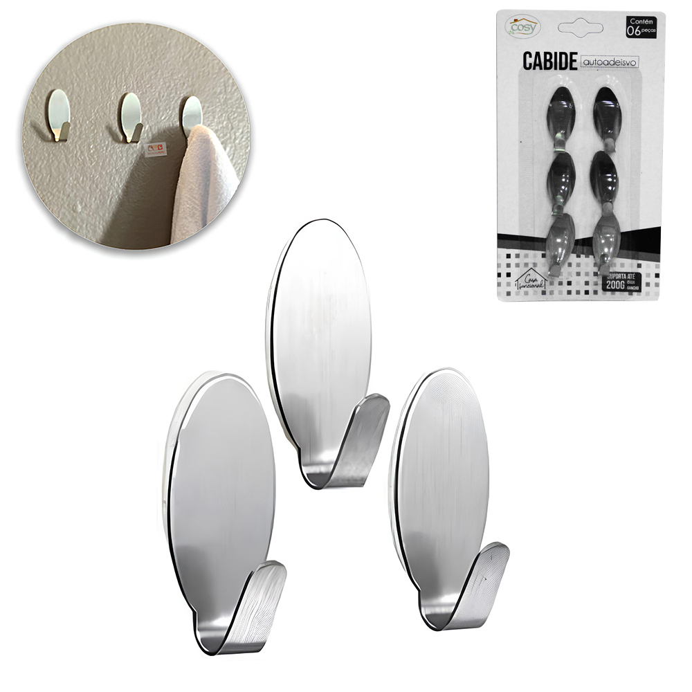 CABIDE GANCHO DE INOX OVAL AUTOADESIVO COM 6 PECAS 4X1,5CM