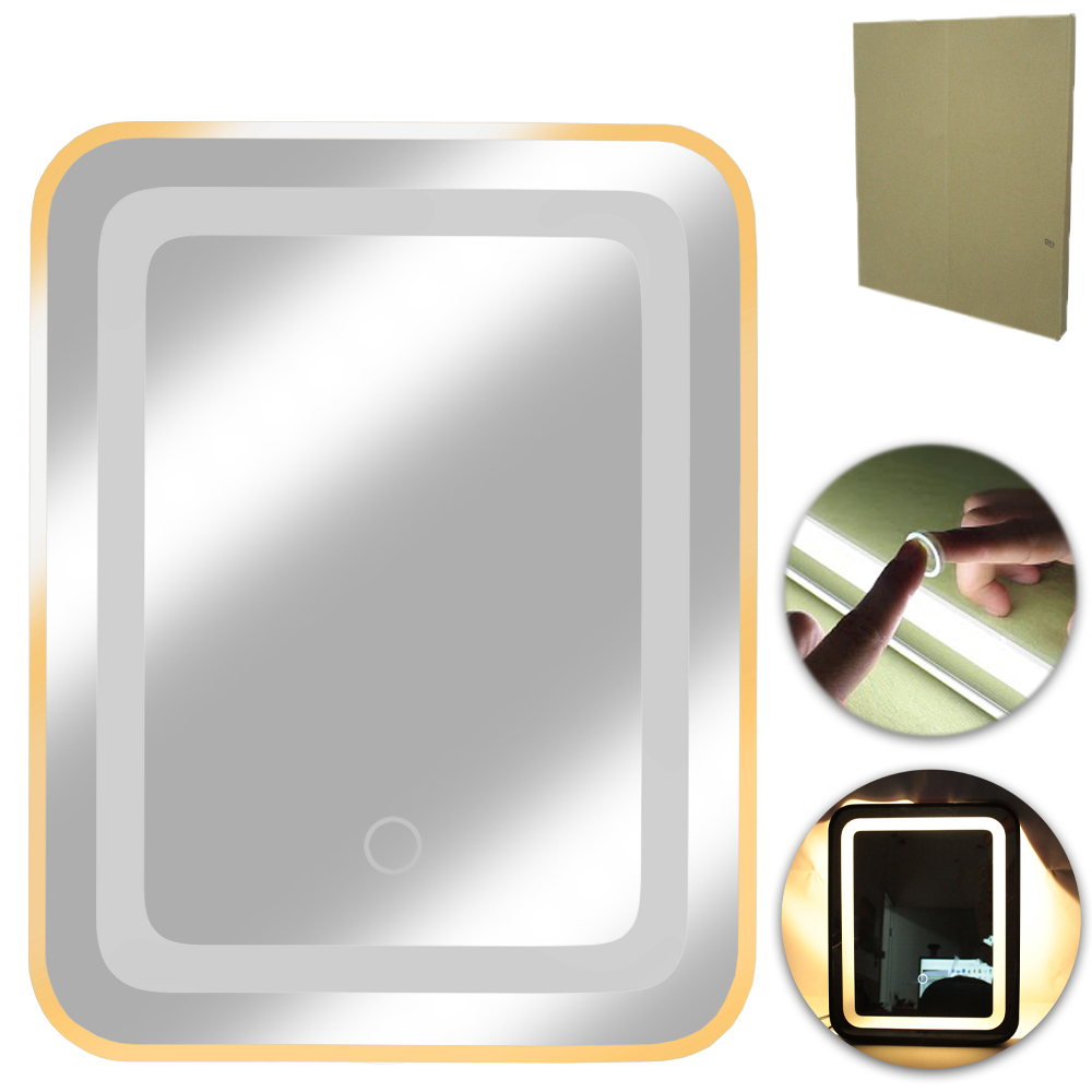 ESPELHO DE PENDURAR EMOLDURADO RETANGULAR COM TOUCH + LED DE ALUMINIO DOURADO BIVOLT 50X40CM