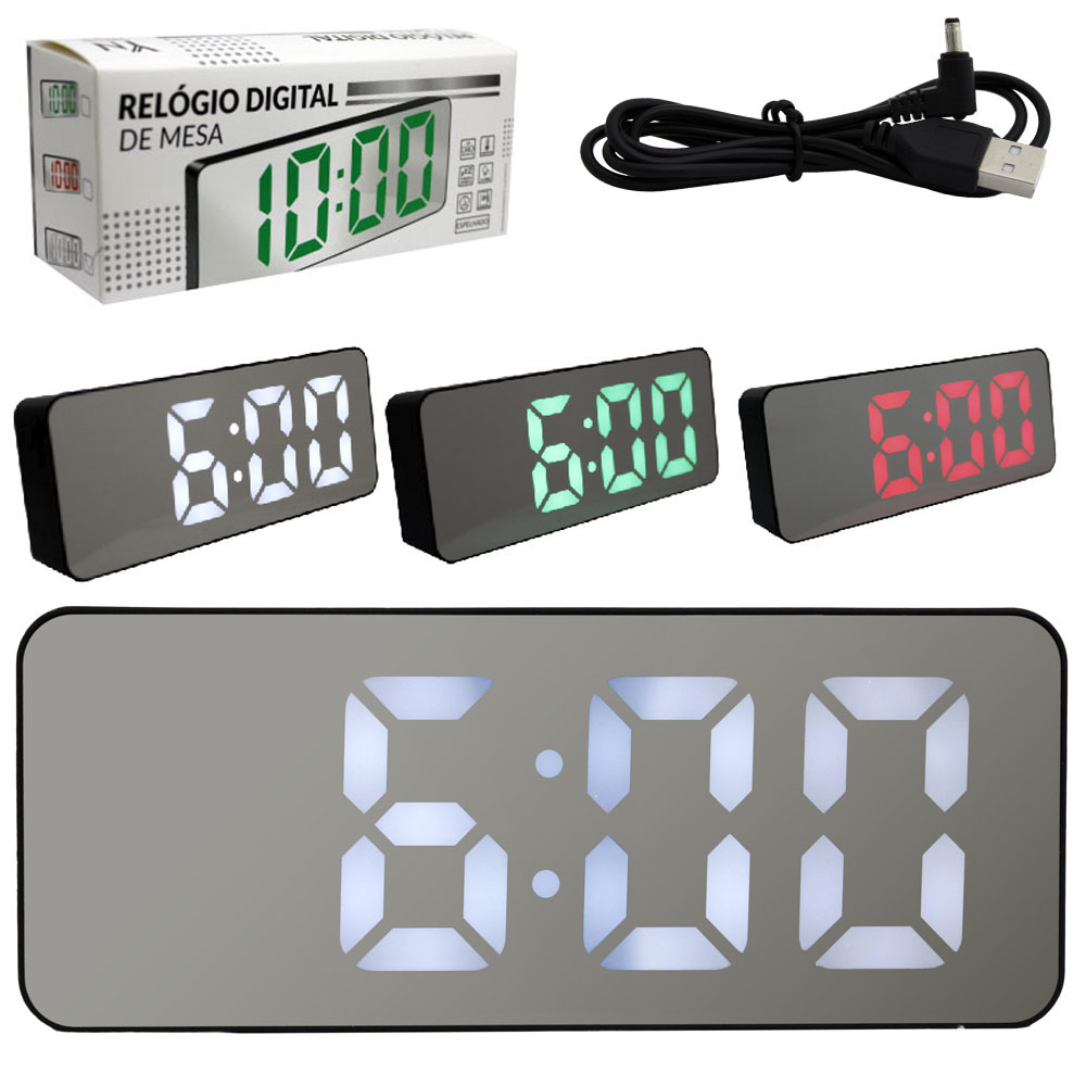 RELOGIO DE MESA / DESPERTADOR DIGITAL RETANGULAR ESPELHADO COM TERMOMETRO + CALENDARIO A PILHA / USB 15X6X3,7CM