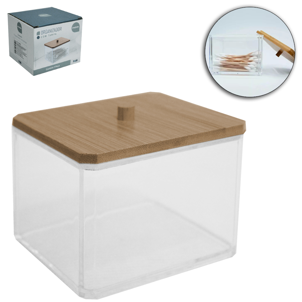 ORGANIZADOR PORTA ALGODAO / COTONETE DE ACRILICO RETANGULAR COM TAMPA DE BAMBU INOVA 9,3X9X7,5CM