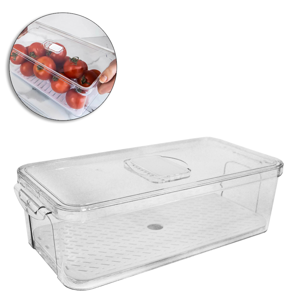 ORGANIZADOR DE GELADEIRA PLASTICO PET FLEXIVEL RETANGULAR COM ESCORREDOR + TAMPA + VALVULA E ALCA FACILE 34X16,5X10CM